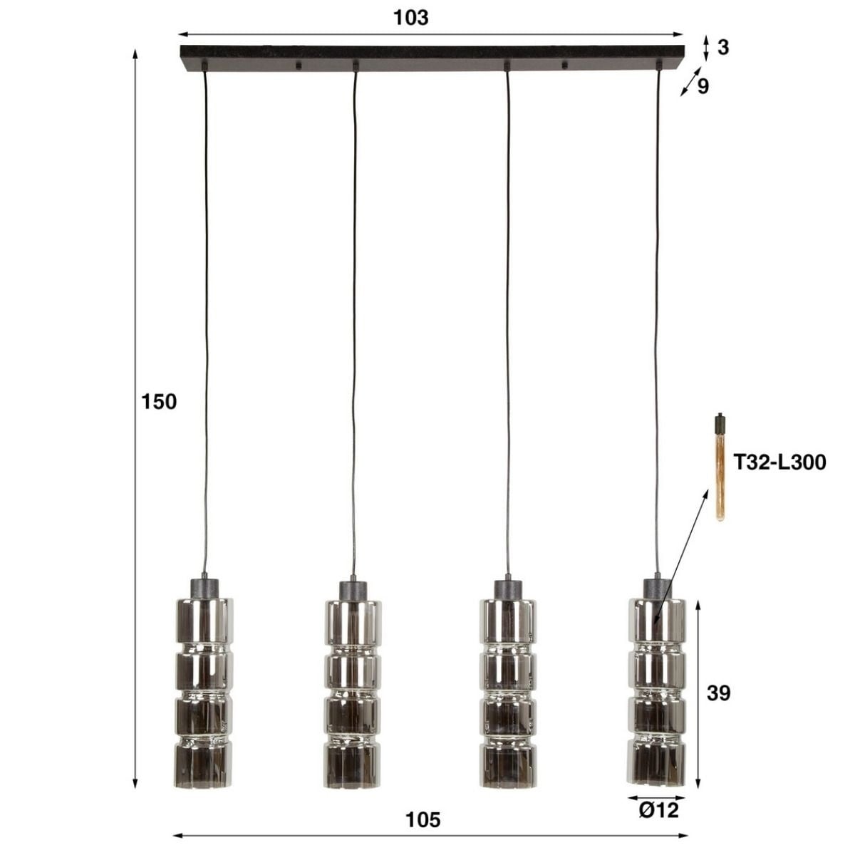 Hanglamp Cylinder Glass 4-lichts / Artic zwart