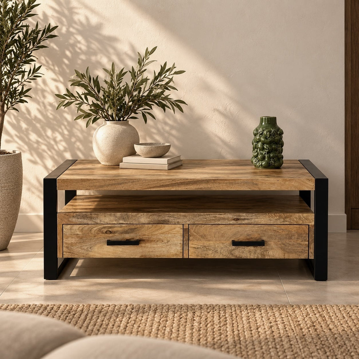  Salontafel met 2 lades mangohout naturel Britt