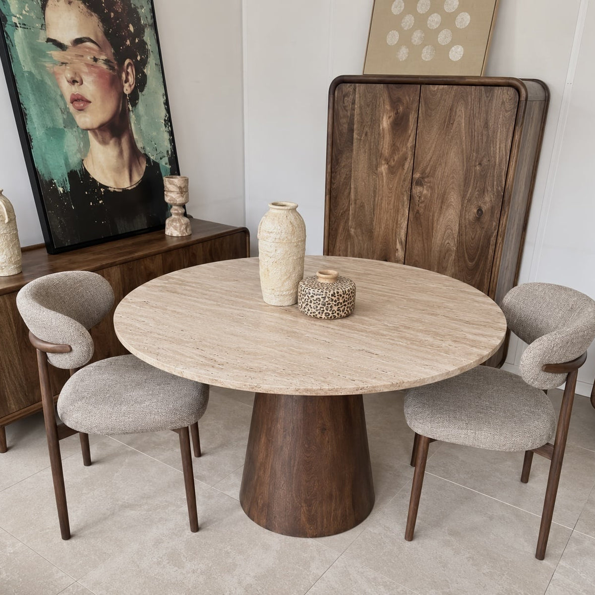 Eettafel Rond Travertin | 120 cm | Houten Poot | Leverbaar januari '27