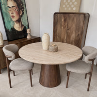 Eettafel Rond Travertin | 120 cm | Houten Poot | Leverbaar januari '27