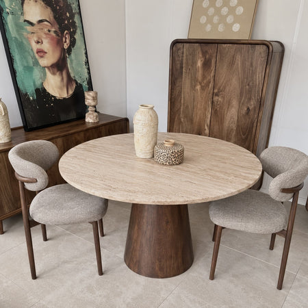 Eettafel Rond Travertin | 120 cm | Houten Poot | Leverbaar januari '27
