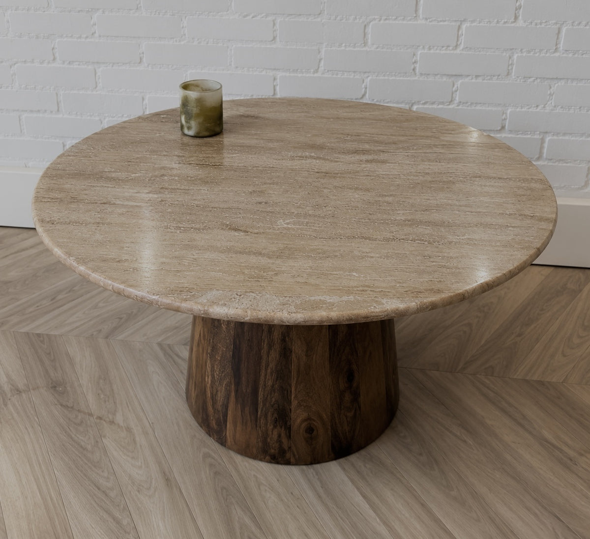 Salontafel Rond Travertin | 75 cm | Houten Poot | Leverbaar januari '27 