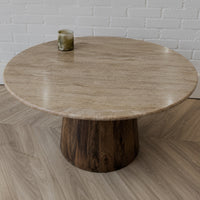 Salontafel Rond Travertin | 75 cm | Houten Poot | Leverbaar januari '27 