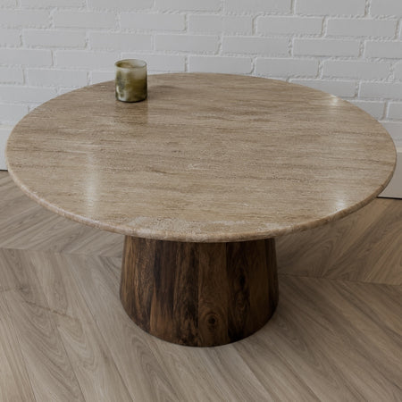 Salontafel Rond Travertin | 75 cm | Houten Poot | Leverbaar januari '27 