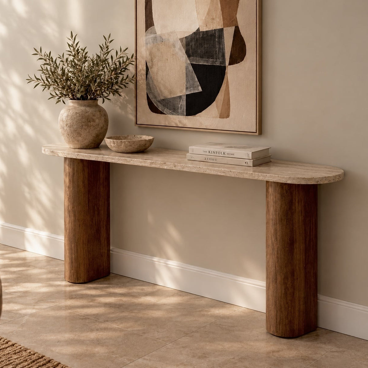 Sidetable Travertin | Massief Houten Poot Bruin | 125 cm | Leverbaar eind januari '27