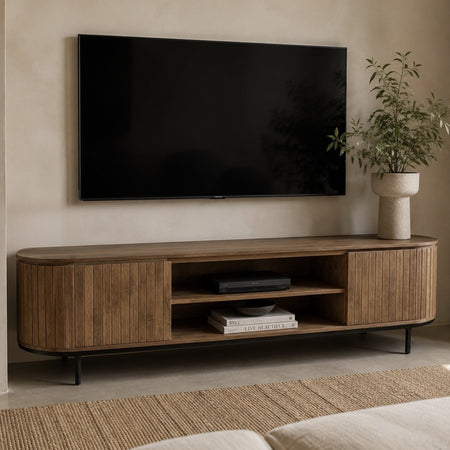 TV Meubel Pedrera mangohout ribbel 210 cm - open vak 